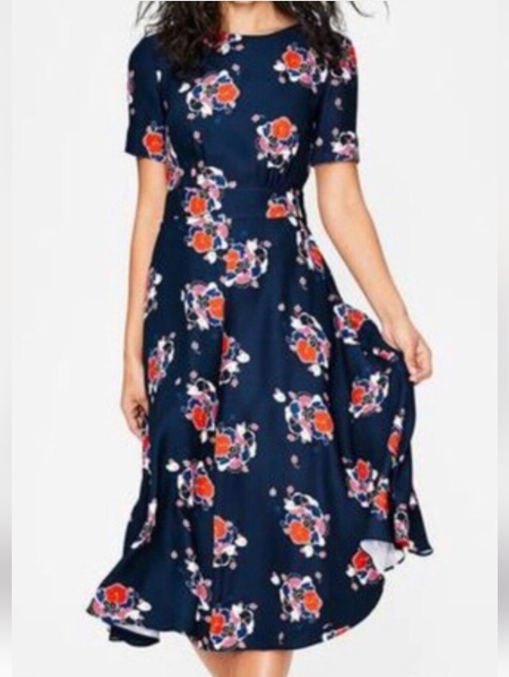 Boden Ruth Navy & Orange Floral Short Sleeve Fit & Flare Midi Dress NWOT